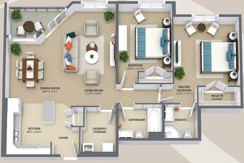 Floor plan for 2 beds, 2 baths, 1170 sqft